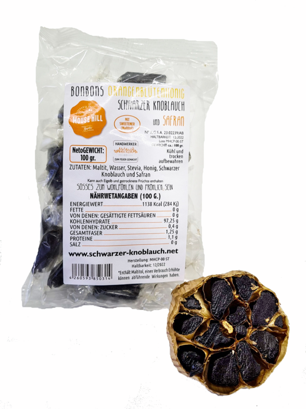 Schwarzer Knoblauch Bonbons mit Honig & Safran 100 g